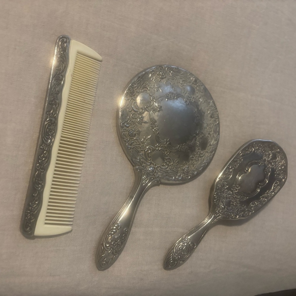 Vintage Silver Plate Vanity Set - Hand Mirror (Weighted), Brush & Comb.